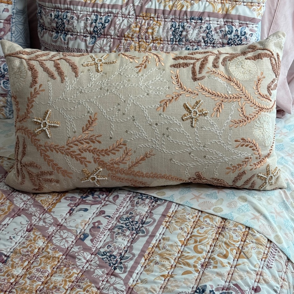 NEW Large Coastal Hand Embroidered w beads & Sequins Lumbar Pillow Beach Boho - Picture 12 of 17